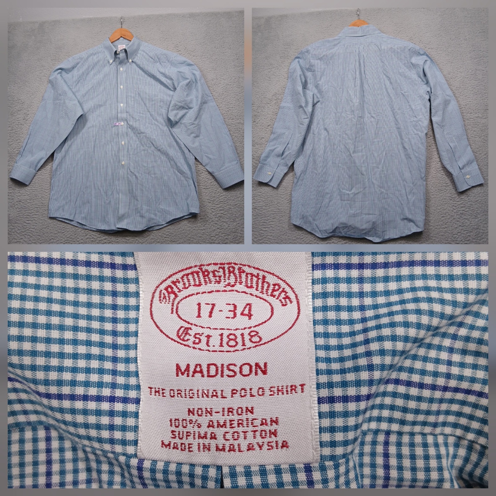 Brooks Brothers Madison Dress Shirt Men's 17-34 Blue Check Non-Iron Supima